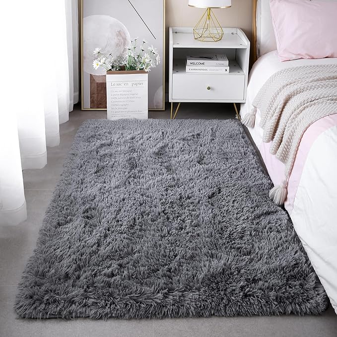 KICHOWUA 3x5 Grey Fluffy Shag Rug for Bedroom Soft Plush Fuzzy Washable Non Slip Carpet, Modern Floor Cozy Furry Shaggy Small Area Rug for Living Room, Kids Baby Boys Girls Nursery Dorm Room