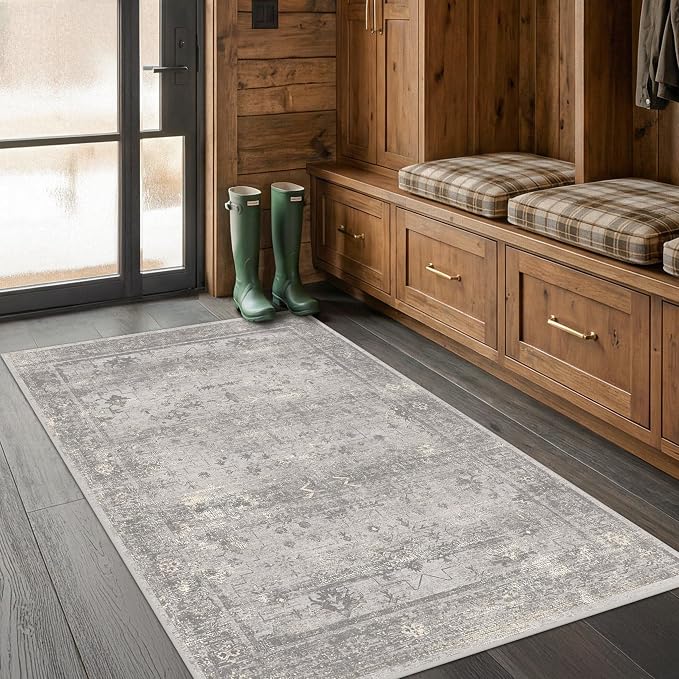 Washable 3x5 Entryway Rug, Non-Slip Low Pile Area Rug for Kitchen, Living Room & Laundry Room, Mineral-Inspired Marble Pattern Neutral Gray Floor Mat
