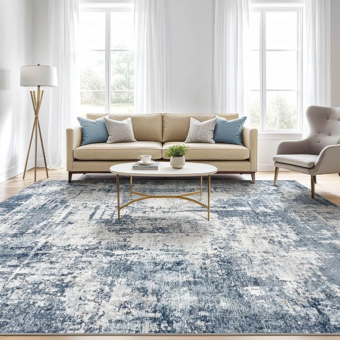 7x9 Area Rug Living Room: Washable Large Abstract Modern Soft Rug Stain Resistant Indoor Non-Slip Carpet for Bedroom Dining Room Nursery Kids Playroom Office Home House- Blue White