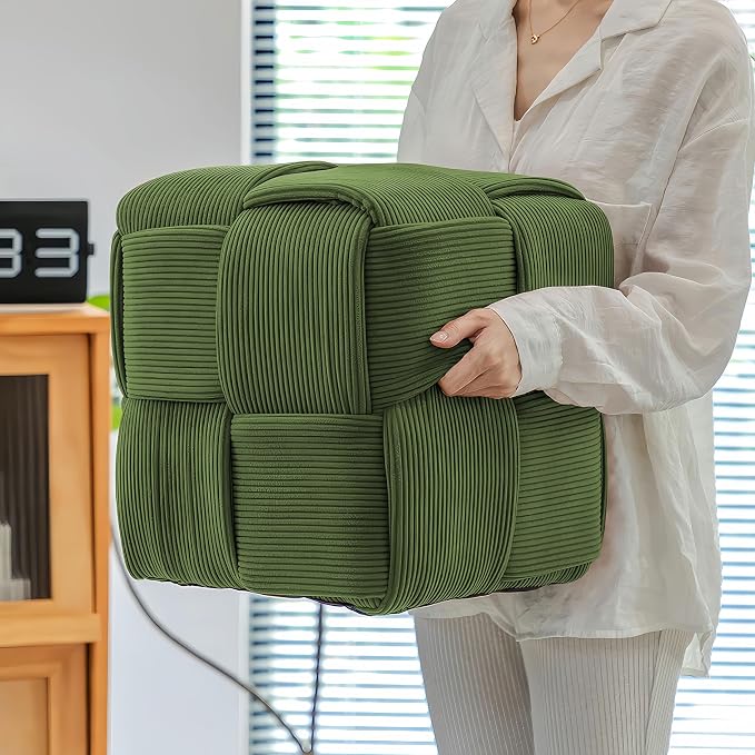Cmishe 15" Square Woven Corduroy Ottoman Footrest - Modern Vanity Stool for Living Room & Entryway, Eco-Friendly Wood Frame, No Assembly (Green)