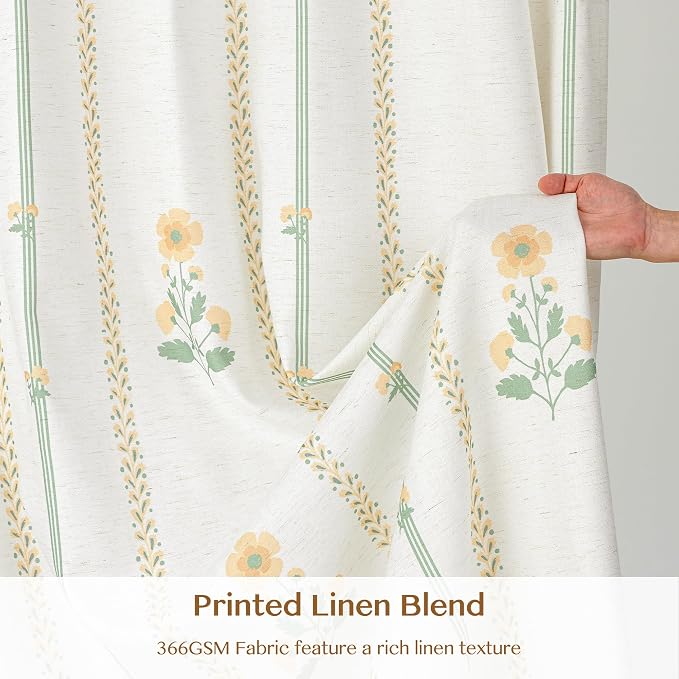 THREE GIRLS Floral Pinch Pleated Light Filtering Curtains 102 Inches - Printed Linen Blend Drapes for Living Room, Bedroom, Dining, Modern Farmhouse with Hooks, 2 Panels Set, 40" W x 102" L Yellow