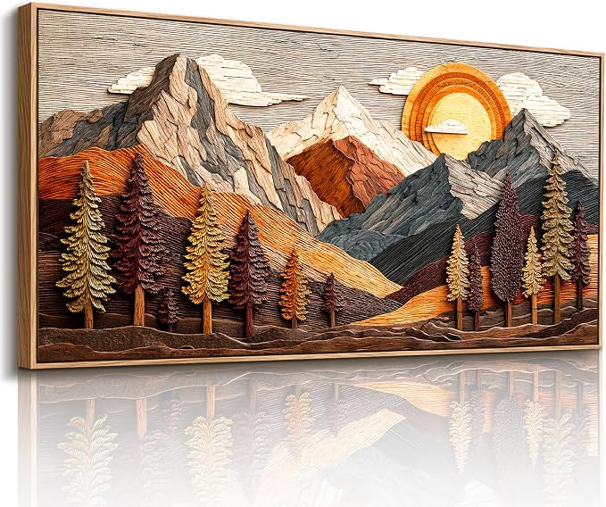 imjiayu Large Framed Wall Art, Mountain Wall Art, Rustic Wall Decor, Abstract Landscape Nature Decor, Sunset Painting Prints, Boho Big Pictures for Living Room Bedroom Hallway Farmhouse 24"x48"