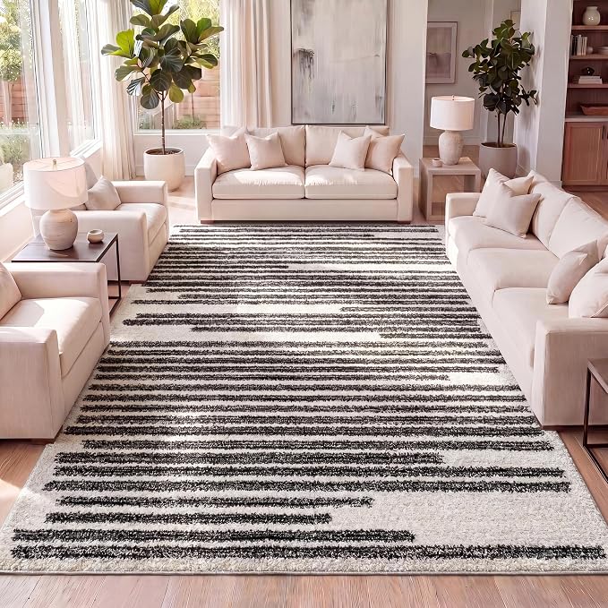 JONATHAN Y Khalil Modern Berber Stripe Cream/Black Indoor Area Rug, 9x12, Contemporary, Bohemian, Easy-Cleaning for Living Room, Bedroom, Kitchen, Pet Friendly, Non-Shedding (MOH207A-9)