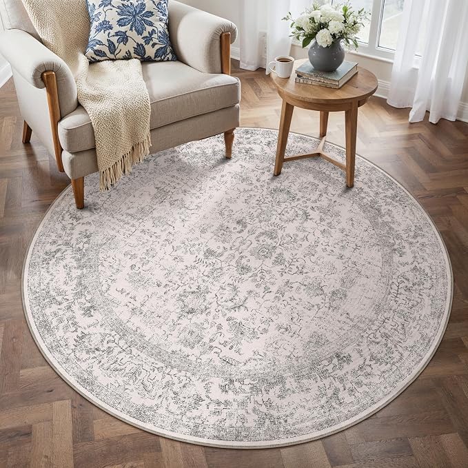 PureCozy Grey Round Area Rug 5ft Entryway Door Mat Small Circle 5x5 Kitchen Vintage Carpet Non Slip Indoor Bedroom Washable Distressed Floral Retro Accent Throw Rug Office Bathroom