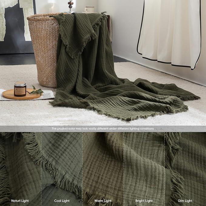 FOSSA Muslin Blanket 4-Layer 100% Cotton Gauze Blanket with Fringe 90"x90" | Super Soft Breathable Lightweight All Season & Decorative Blanket or Bed, Sofa, Office (Olive Green, Queen)
