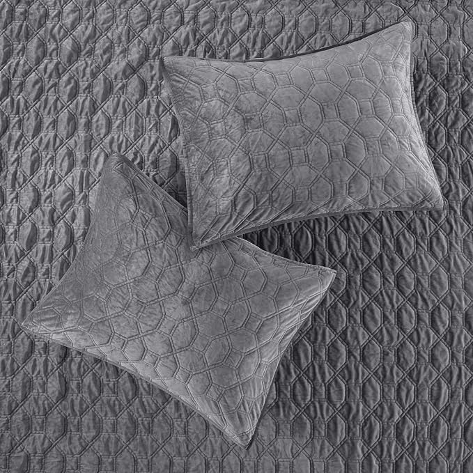 Madison Park Harper Quilt Set Velvet Casual Geometric Stitching Design All Season, Lightweight Coverlet, Cozy Bedding, Matching Shams, Full/Queen(90"x90"), Grey 3 Piece