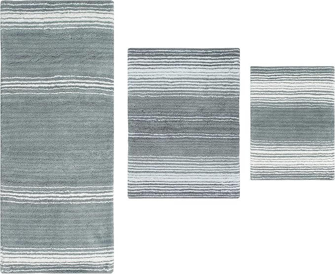 Home Weavers 100% Cotton Gradiation Collection Bathroom Décor | Washable Rug | Bathroom Mat | Kitchen Mat | Bathroom Rug Set | Bath Mat Set | Bath Floor Mat Non Slip, 3 Piece Set with Runner, Gray