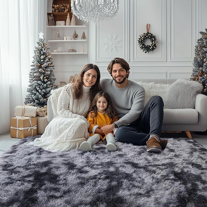 KICHOWUA 3x5 Dark Grey Fluffy Shag Rug for Bedroom, Soft Plush Fuzzy Washable Floor Non Slip Small Carpet for Living Room, Modern Comfy Furry Shaggy Area Rugs for Kids Baby Nursery Dorm, Tie-Dye Gray