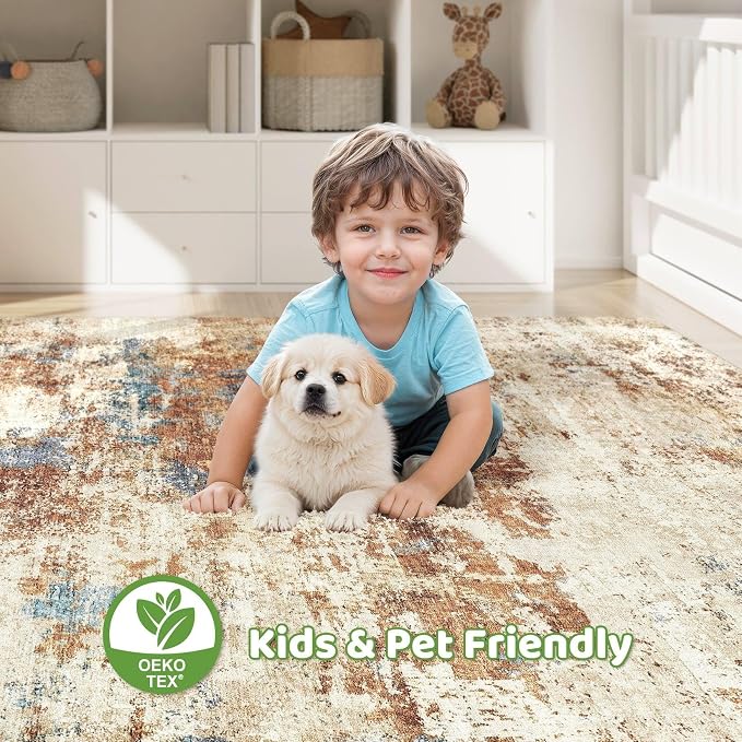 7x10 Area Rug Washable Rug: Large Abstract Modern Soft Stain Resistant Indoor Floor Non-Slip Accent Carpet for Living Room Bedroom Nursery Playroom Dining Room Office Dorm Home House- Blue Orange