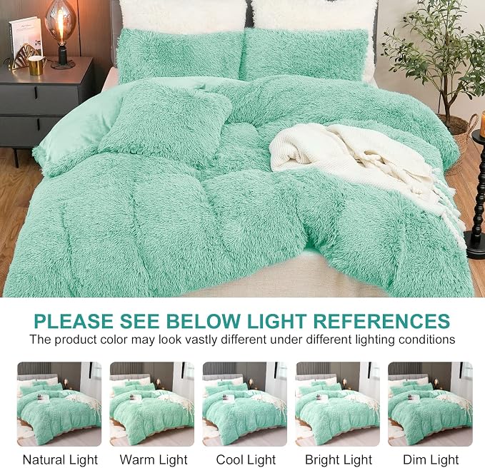 Fluffy Plush Duvet Cover Set Queen Size, Luxury Ultra Soft Velvet Fuzzy Comforter Cover Bed Sets 4Pcs(1 Faux Fur Duvet Cover + 2 Pillow Cases + 1 Pillow Cover) Zipper Closure (Queen, Aqua Green)