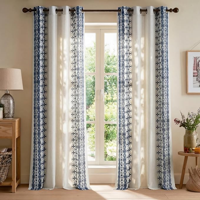 NICETOWN Heavy Duty Cream Linen Curtains 96 inch Long, Navy Blue Geometric & Floral Patterned Embroidered Drapes for Living Room, Decorative Panels for Nursery Bronze Grommet, W52 x L96, Set of 2