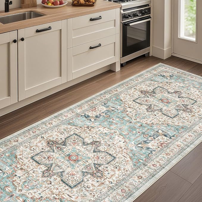 Tortania Area Rug 3x10 Runner Rugs - Washable Vintage Oriental Farmhouse Thin Indoor Carpet for Living Room Bedroom Hallway Entryway Kitchen Under Dining Table Home Office - Aqua Multi
