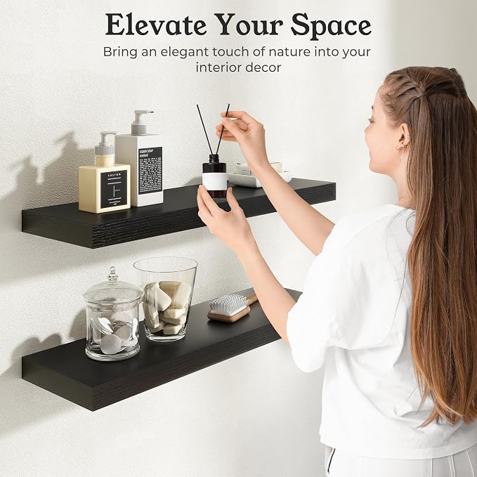 Floating Shelves for Wall, 9.3" Deep Wall Mounted Wood Shelves for Bathroom, Bedroom (Black, 55)