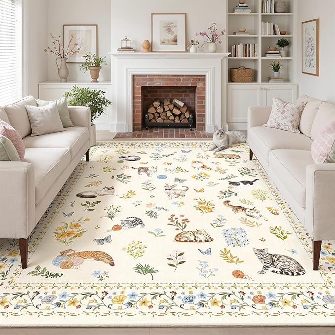 Soalmost Cat 8x10 Area Rugs for Living Room, Machine Washable Animal Floral Vintage Rug Non-Slip Low Pile Soft Throw Large Rugs for Bedroom Dining Room Kitchen Nursery Playroom (8 x 10,Beige)
