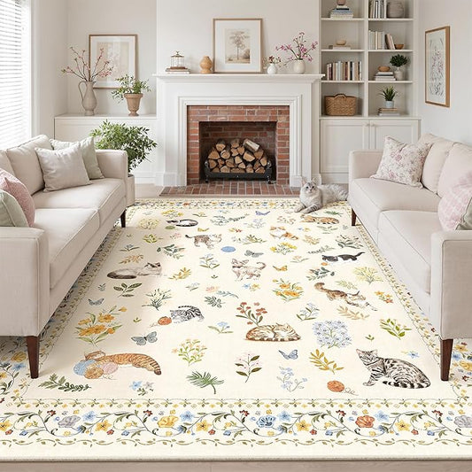 Soalmost Cat 9x12 Area Rugs for Living Room, Machine Washable Animal Floral Vintage Rug Non-Slip Low Pile Soft Throw Large Rugs for Bedroom Dining Room Kitchen Nursery Playroom (9 x 12,Beige)