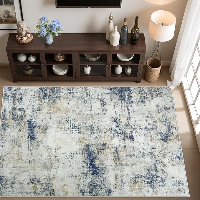 Washable Rug 6x9 Area Rugs: Soft Large Living Room Rug with Anti-Slip Backing Non-Shedding Stain-Resistant Modern Abstract Carpet for Bedroom Dining Room Nursery Home Office Blue Brown