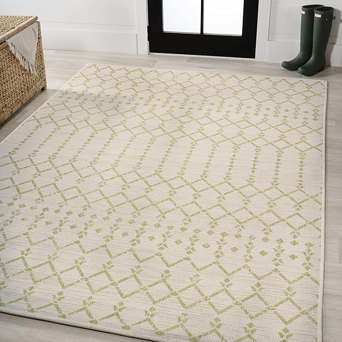 JONATHAN Y Moroccan Geometric Indoor Outdoor Area Rug 5X8 Cream/Green, Ourika Textured Weave for Backyard, Patio, Porch, Easy-Cleaning, High Traffic, Pet-Friendly, Non-Shedding (SMB108M-5)
