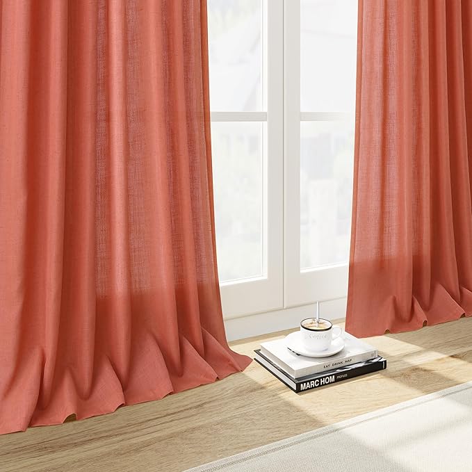 Nanspring Coral Linen Curtains 90 Inch Length 2 Panel Set Back Tab Rod Pocket Semi Sheer Light Filtering Neutral Boho Farmhouse Lightweight Drapes for Bedroom and Living Room 52x90