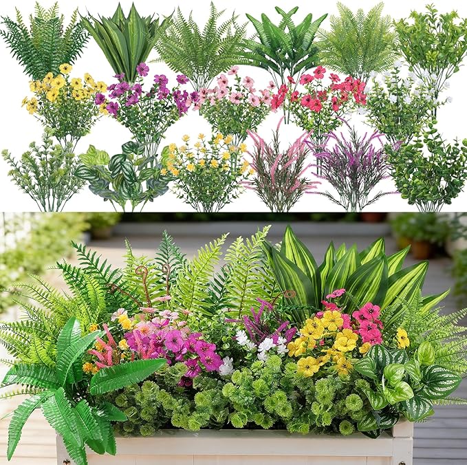 Alupssuc 24 Pcs Artificial Flowers and Plants,UV Resistant & No Fade Fake Plastic Greenery Shrubs for Home Garden, Pathway, Front Porch-Spring Summer Decor, Indoor/Outdoor Use,Rosy Purple Yellow Pink