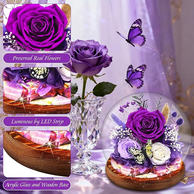 Purple Rose Gifts for Mom Birthday Gifts for Women | Forever Rose Mothers Day Gift for Grandma Mom Sister Daughter Wife Birthday | Fresh Flowers for Delivery Prime Real Flowers in Glass Dome