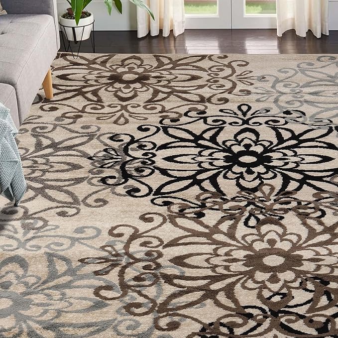 Superior Indoor Area Rug, Jute Backed, Perfect for Entryway, Office, Living/Dining Room, Bedroom, Kitchen, Hardwood Floor, Floral Scroll Decor, Leigh Collection, 9' x 12', Beige Ivory