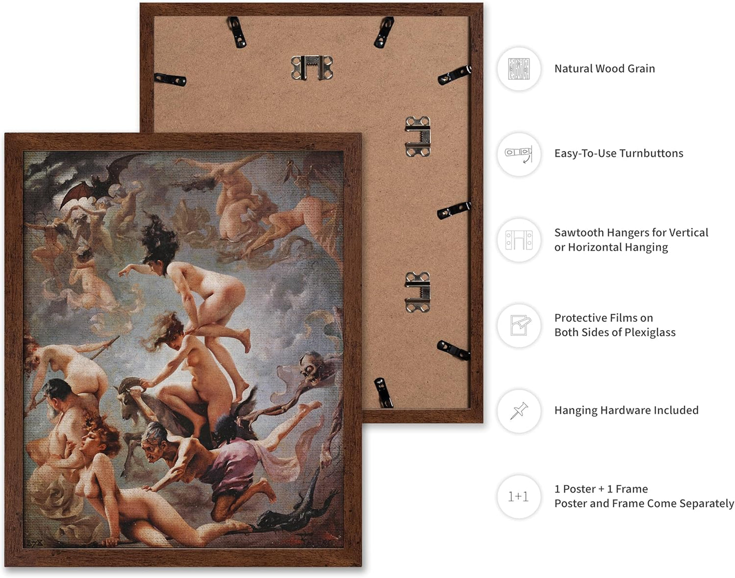 Poster Master Vintage Luis Ricardo Falero Poster - Retro Occult Print - Gift for Gothic, Horror Fan - Witches Going to their Sabbath, Pagan - Wall Decor for Bedroom, Dorm, 11x14 Brown Framed