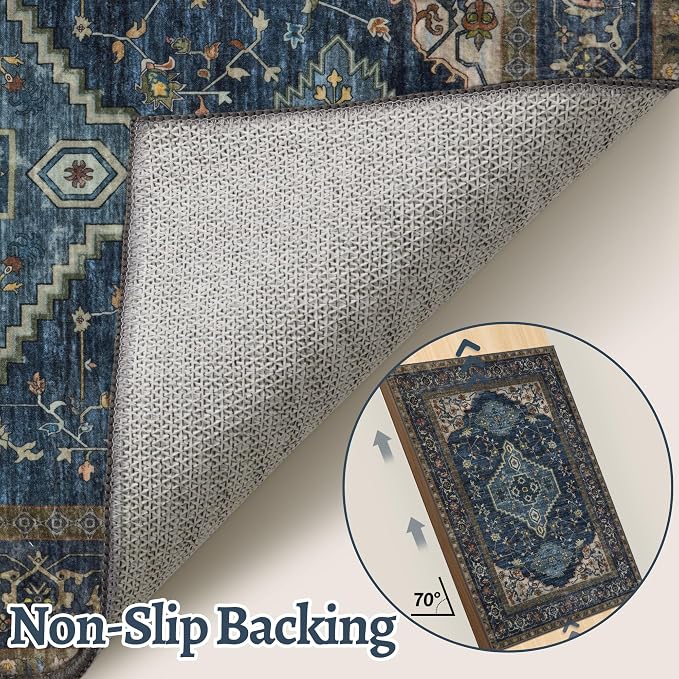 Tangsoo Dark Blue 5x7 Area Washable Rugs for Living Room, Oriental Indoor Non Slip Large Area Rugs, Vintage Print Carpet, Soft Low Pile Foldable Floor Rug for Bedroom Dining Room Dorm Home Decor