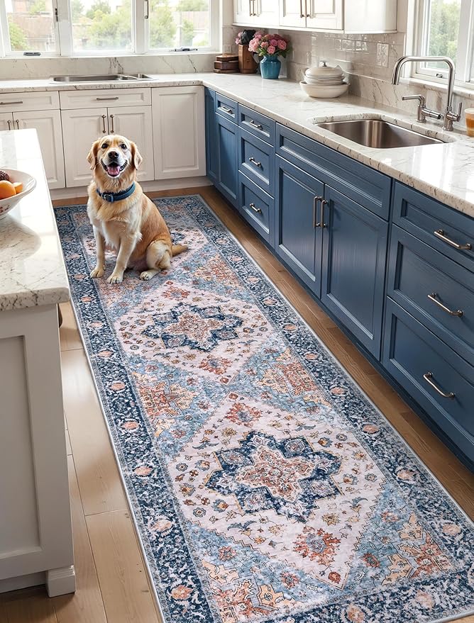 SERISSA Runner Rug for Hallways, 3x8 Washable Non Slip Kitchen Runner Rug, Long Boho Rug Vintage Blue Orange Hallway Stair Ultra Soft Print Floor Carpet for Bedroom Bathroom Laundry Room