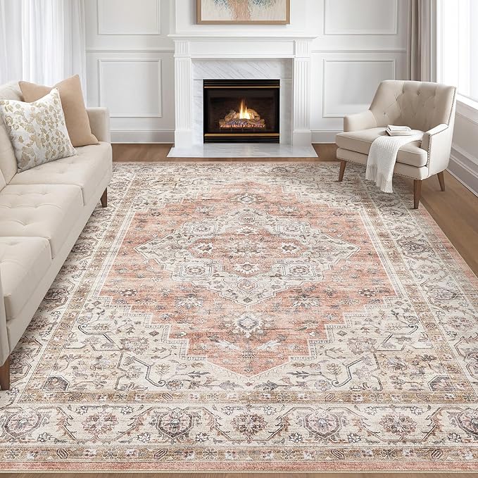 8x10 Area Rugs Living Room: Washable Boho Large Neutral Vintage Soft Rug Stain Resistant Farmhouse Non-Slip Indoor Floor Retro Carpet for Bedroom Nursery Kids Office Dining Room- Pink Brown