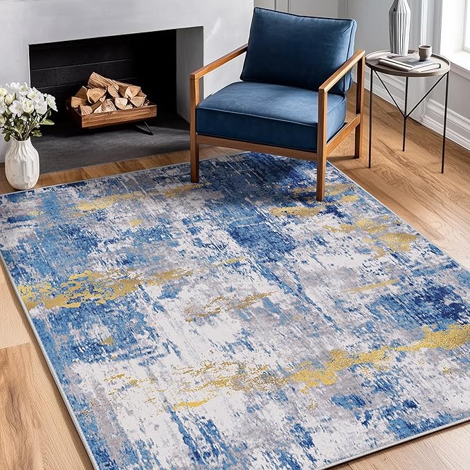 RELEANY Washable Area Rugs 3'x5' Non-Slip Modern Abstract Soft for Living Room Entryway Bedroom Nursery, Print Pattern, Grey Blue Gold/Golden