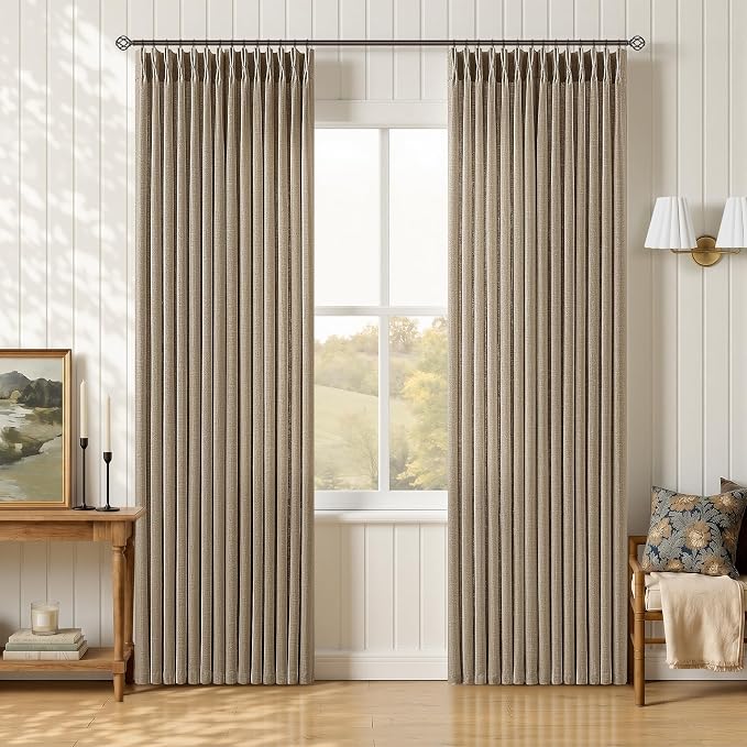 80 Inch Pleated Thick Linen Curtains Dark Flax Vintage Retro Light Filtering Pinch Pleat Curtains for Bedroom Dining Room 80 Inches Long Brown Tan Burlap Rings Hooks Drapes for Living Room 2 Panels