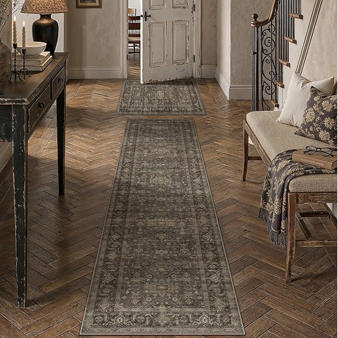2 Piece Washable Kitchen Rug Set Vintage Brown Non Slip Low Pile Runner Mats Traditional Retro Soft Area Rugs for Hallway Bathroom Floor Sink Laundry Bedroom Entryway, 2x3 + 2'6x8