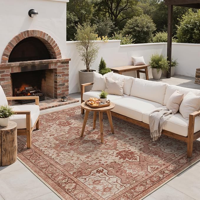 GENIMO Outdoor & Indoor Area Rug 6'x9', Waterproof, Non-Shedding, Easy Cleaning, Boho Mat for Patio, Living Room, Balcony, Dining Room, RV, Deck, Bedroom, Camping, Outside Carpet,Brown Red