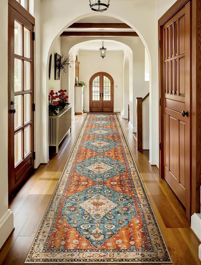 SERISSA Runner Rug for Hallways, 2'6"x16' Washable Non Slip Kitchen Runner Rug, Extra Long Boho Rug Ultra Soft Vintage Tribal Print Floor Carpet for Bedroom Hallway Entryway Bathroom Laundry Room