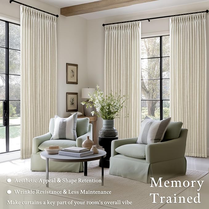 94 Inch Linen Pinch Pleated Curtains 2 Panels for Living Room Bedroom Memory Training Shaped Semi Sheer Beige Light Tan Pinch Pleat Drapes with Hooks Rings Light Filtering Window Curtain 50x94