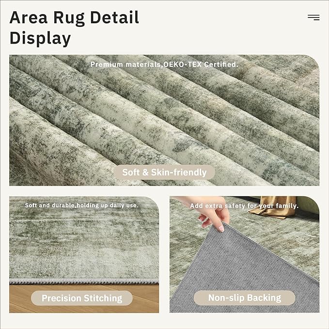 Soalmost Area Rug 6x9 Abstract Living Room Washable Rugs Green Black Non Slip Low Pile Carpet for Bedroom Dining Room Foldable Thin