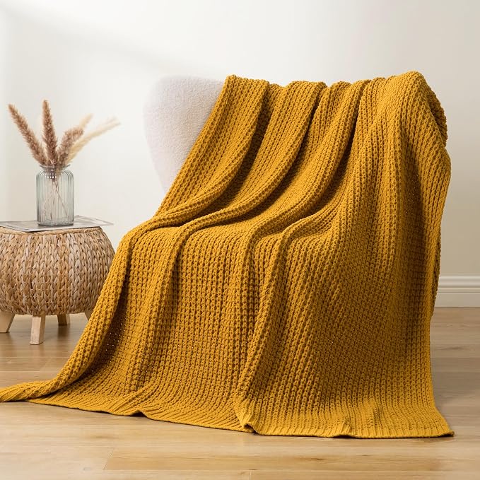 Bunnikins & Clover Knitted Waffle Throw Blanket 60x80 Inches, Mustard Yellow Throw Blanket for Couch, Soft Cozy Chenille Knit Blanket Warm Decorative Throw for Sofa