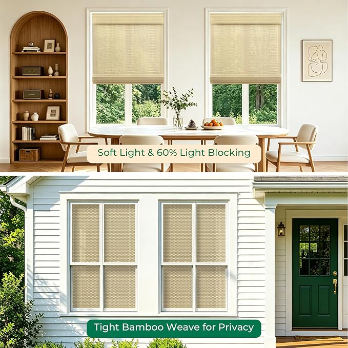 Allesin zen No Drill Cordless Bamboo Roman Shades, Light Filtering Beige, Custom Size
