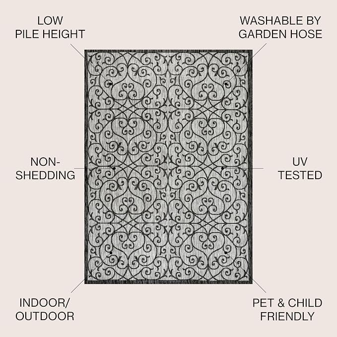 JONATHAN Y Vintage Filigree Indoor Outdoor Area Rug 6X9 Light Gray/Black, Madrid Textured Weave for Backyard, Patio, Porch, Easy-Cleaning, High Traffic, Pet-Friendly, Non-Shedding (SMB107E-6)