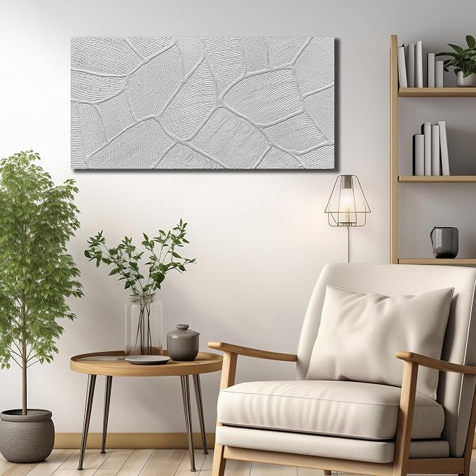 DNIEOTU Hand Painted Abstract Wall Art for Living Room, White Textured Canvas Artwork Wall-Decor for Bedroom, Modern Minimalist Geometric Paintings for Hallway Office, Size 40 x 20 Inches