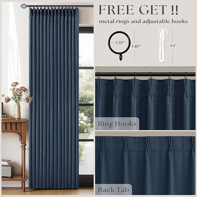 Navy Blue Pinch Pleated Full Blackout Curtains Linen Blend Room Darkening Window Curtains 86 Inch for Living Room Bedroom Thermal Insulated Back Tab Pinch Pleat Drapes with Hooks Rings 2 Panels