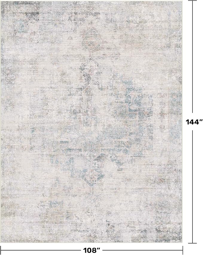 9x12 Washable Area Rug for Living Room, Large Light Blue Vintage Medallion Rug, Non Slip Low Pile Stain Resistant Carpet for Bedroom Dining Room, Soft Distressed Neutral Home Decor