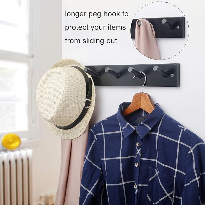 WEBI Coat Rack Wall Mounted,16" Hole to Hole,Coat Hanger Wall Mount with 5 Coat Hooks for Hanging,Hook Rack Peg Rail for Hats,Jacket,Clothes,Towels,Black