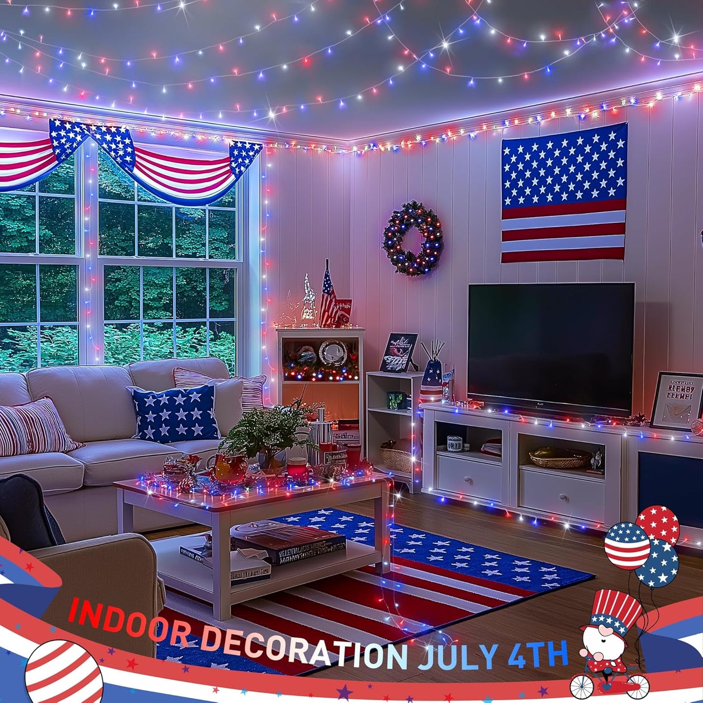 JMEXSUSS 4th of July Decorations Red White and Blue Lights, 33ft 100 LED String Light Indoor Plug-in, 8 Modes Patriotic 4th of July Lights for Indoor Outdoor Independence Day American Flag Holiday