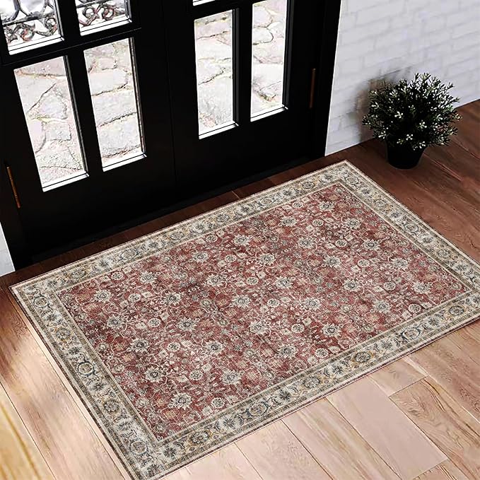 CHAMPLANT Washable Area Rug 2'x3' Door Mat Vintage Distressed Doormat Indoor Entrance Traditional Thin Rug Floral Print Non Slip Carpet for Kitchen Bathroom Bedroom Living Room