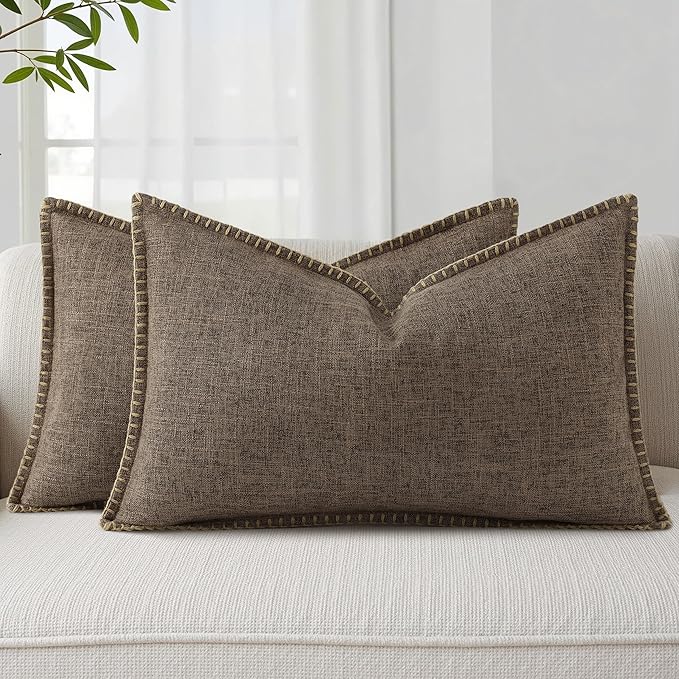 decorUhome Summer Decorative Throw Pillow Covers 12x20 Set of 2 Lumbar Faux Linen Farmhouse Pillow Covers with Stitched Edge Outdoor Neutral Pillow Covers for Couch Sofa Living Room, Chocolate
