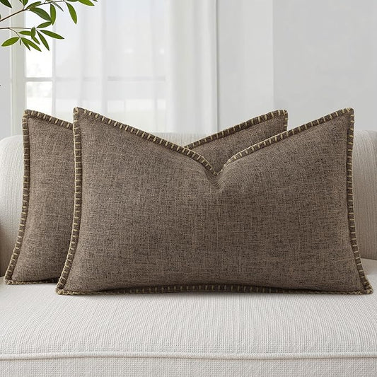 decorUhome Summer Decorative Throw Pillow Covers 12x20 Set of 2 Lumbar Faux Linen Farmhouse Pillow Covers with Stitched Edge Outdoor Neutral Pillow Covers for Couch Sofa Living Room, Chocolate