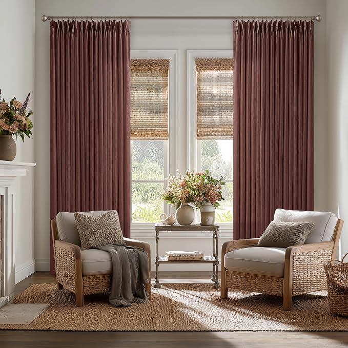 Reddish Brown Pinch Pleat Linen Curtains 80 Inch Long 2 Panels Set for Dining Living Room 50 Inch Wide Country Rustic Memory Trained Semi Sheer Drapes with Rings Back Tab Bedroom Window Curtain