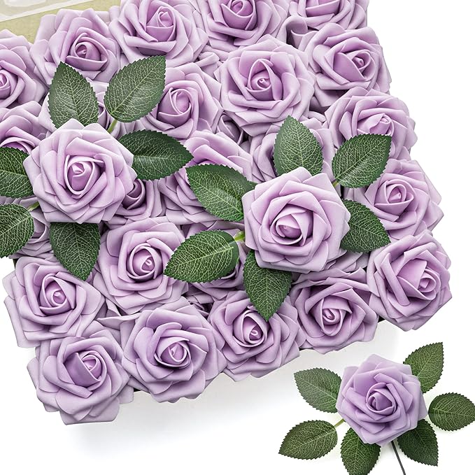 Mocoosy 50Pcs Rose Artificial Flowers, Lavender Fake Roses for Decorations, Purple Foam Fake Flowers with Stem for DIY Wedding Bouquet Bridal Shower Mother's Day Floral Arrangement Party Home Decor