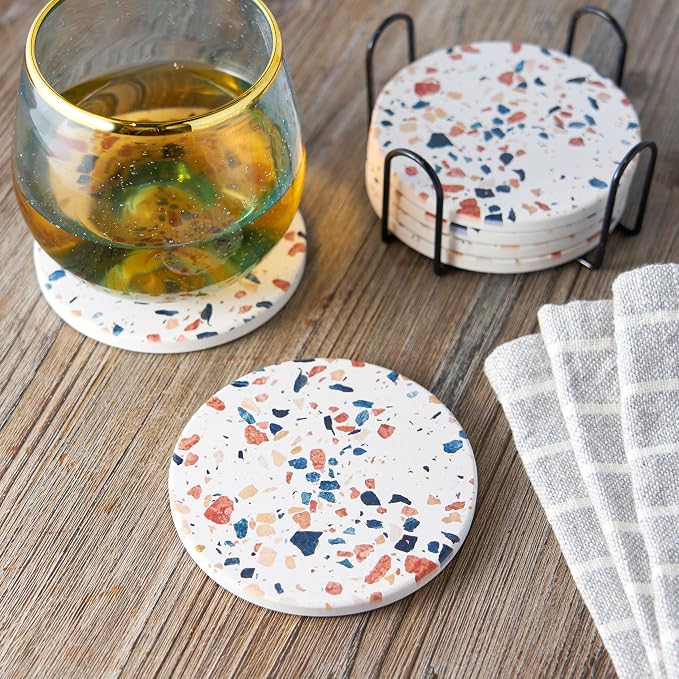 Twine Terrazzo Coasters, Stoneware Coaster Set, White Coasters with Stand, Coffee Table Decor, Set of 6, Multicolor
